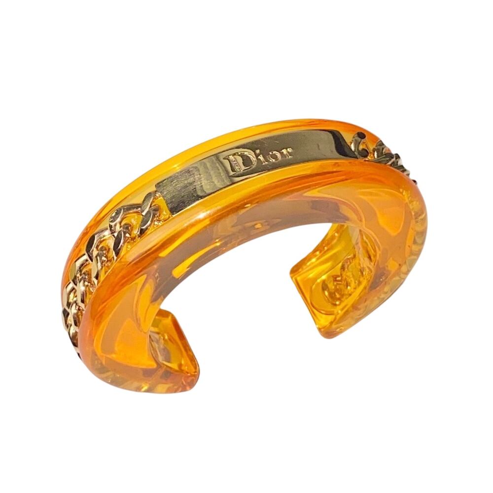 Vintage Christian Dior Lucite Gold Chain Logo Nameplate Resin Cuff Bracelet
